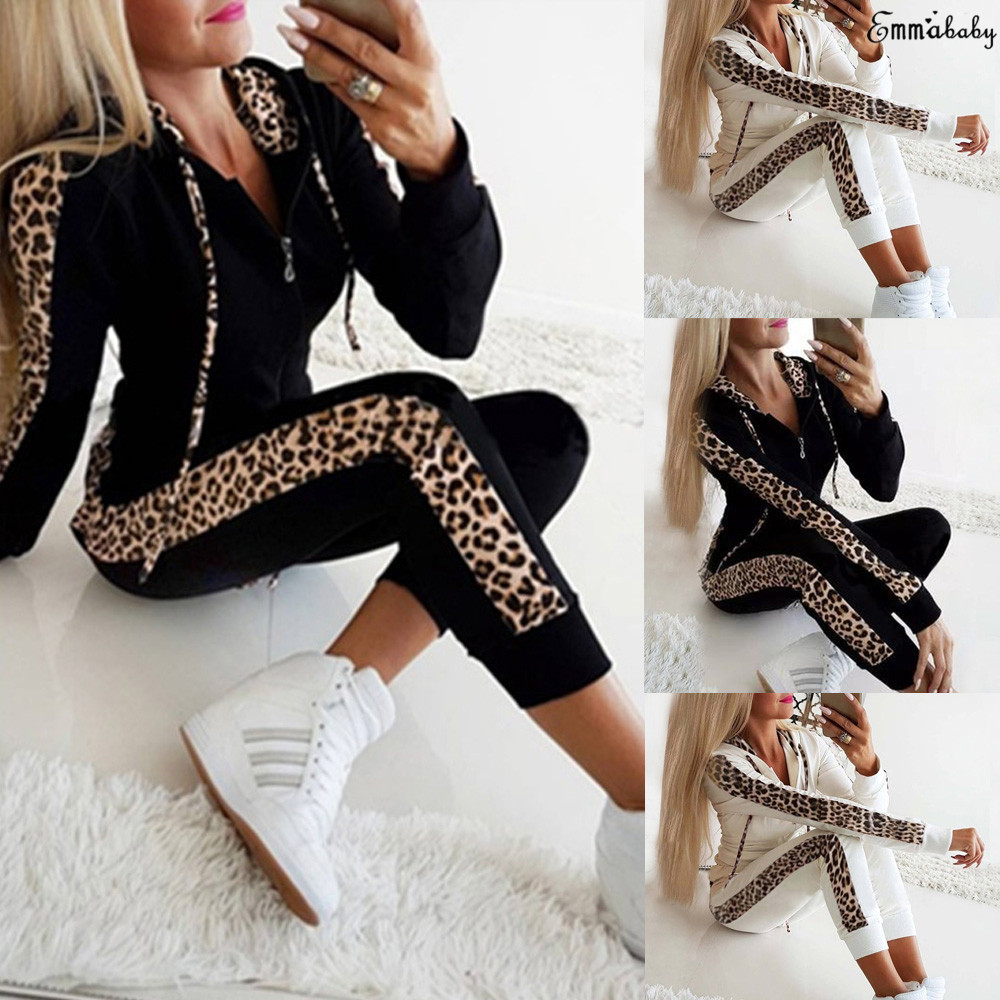 2020 cross border fast selling popular European and American women's leopard print hooded zipper long sleeve pants sports suit women
