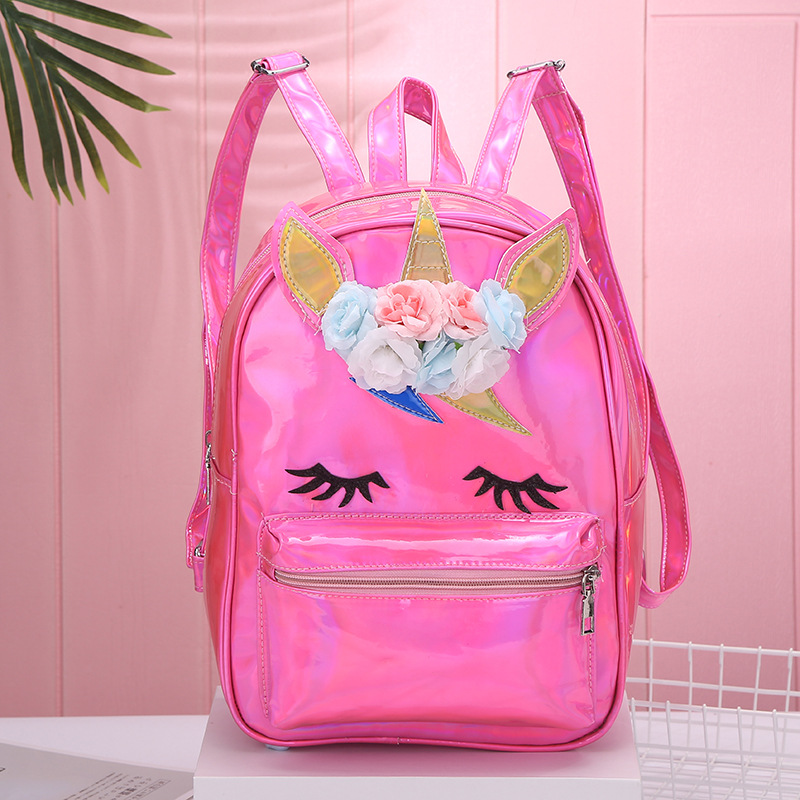 Unicorn large-capacity Unicorn laser bright pink schoolbag, cartoon women's backpack, travel bag, pu backpack detail image 2