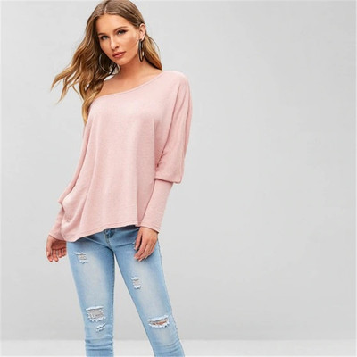 2019 Spring and summer new pattern Amazon Explosive money Word collar Long sleeve Solid knitting fashion T-shirt