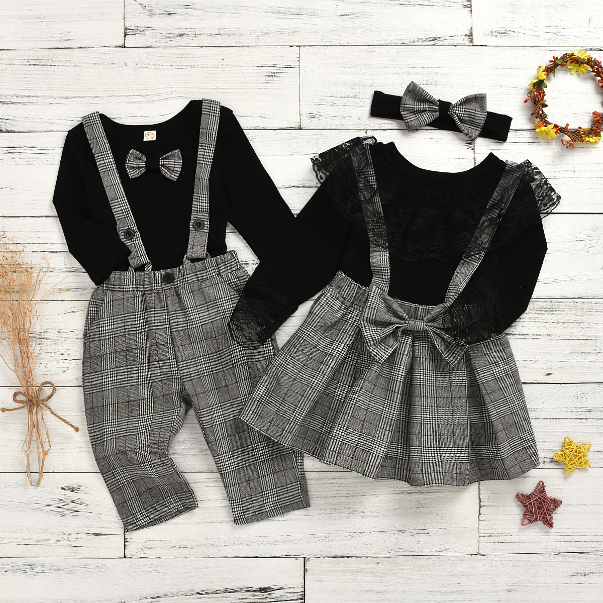 Conjunto de saia com suspensórios e xadrez para bebé_voghion.com