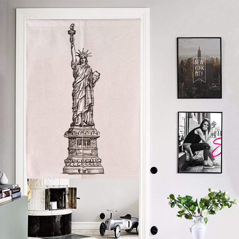 Foreign trade supply 420g cotton linen door curtain retro landmark building curtain study bathroom wear Rod partition curtain