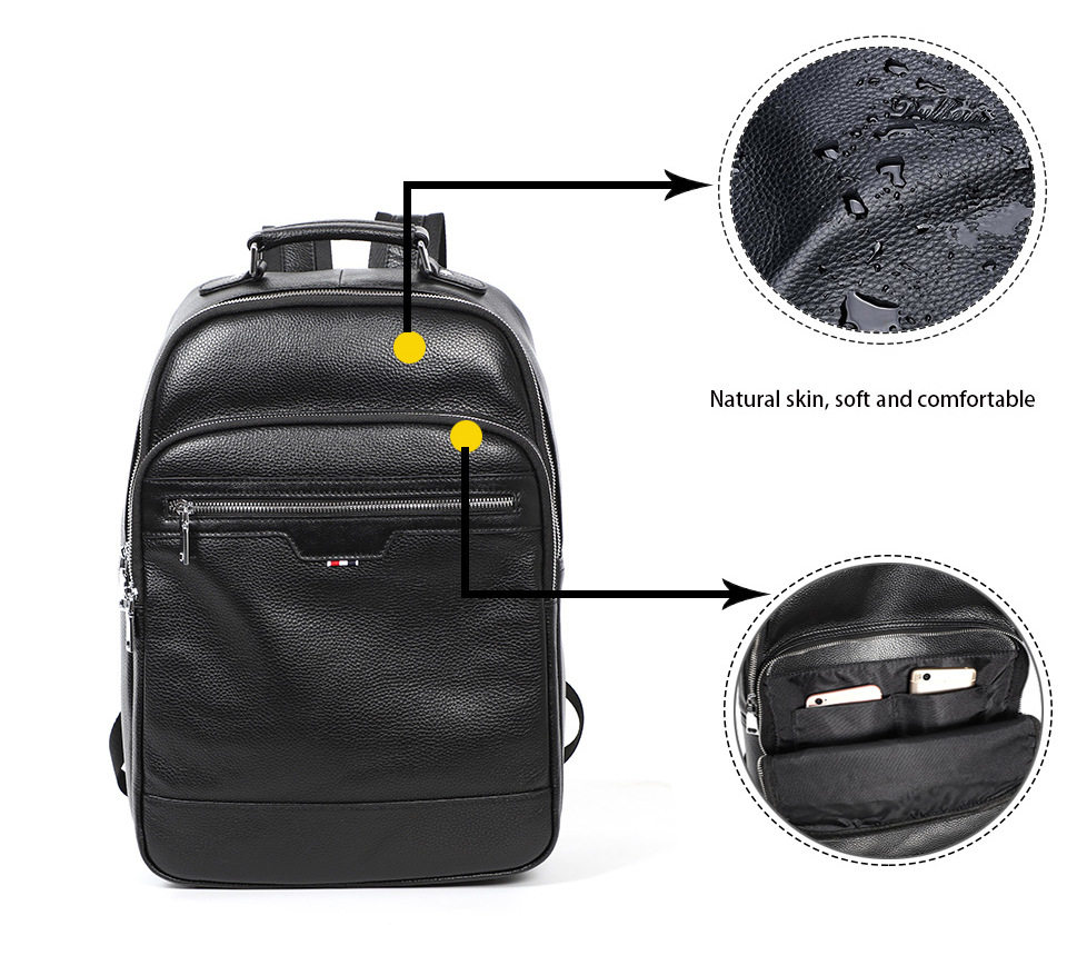 Ba lô nam da bò lớp đầu tiên, ba lô da đựng laptop 14 inch kiểu công sở — Màu đen chi tiết 5