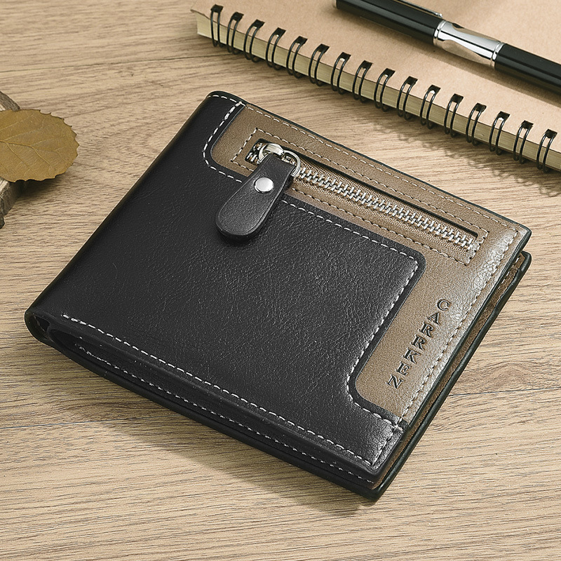 CarrKen new men's wallet retro fashion patchwork zipper wallet trifold