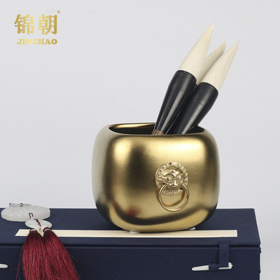 現代新中式古典銅獅筆筒擺件 樣板房家居書房軟裝飾工藝品裝飾