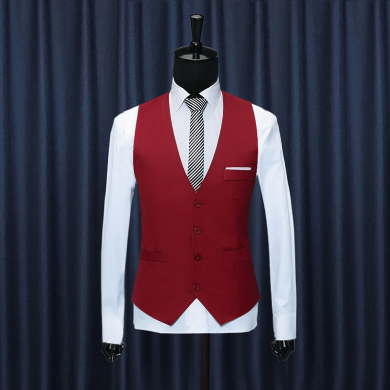Fashion trend suit waistcoat men's wine red suit vest Korean business suit style waistcoat handsome slim shoulder