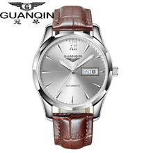 冠琴瑞士新款品牌机械手表 夜光防水双日历男表 钨钢皮革男士手表