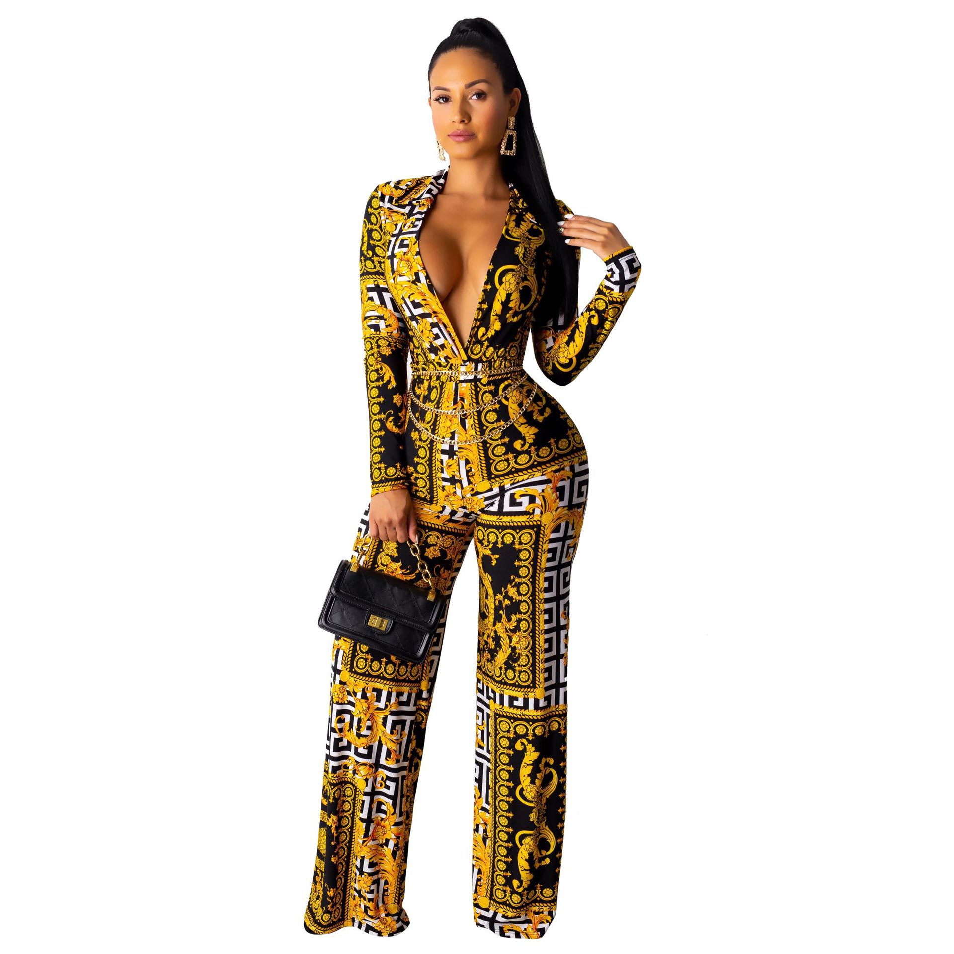 Printing Long Sleeve Deep V-Neck Jumpsuit NSMRF116545