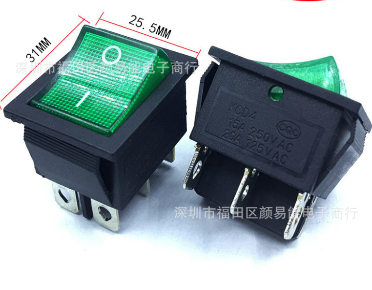 6脚绿色带灯 2档6脚 两档六脚 KCD4 双刀翘板电源 船型开关31*25