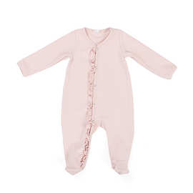 婴儿秋冬藕粉40S棉舒绒连体衣 宝宝单排扣纯色哈衣花边连袜睡衣