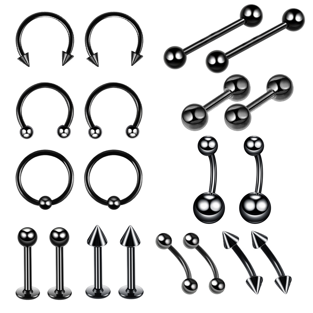 Beliebtes 20-teiliges Set aus Edelstahl-Lippen- und Nasensteckern, Ohrringen und Ringen – Piercingschmuck im grenzüberschreitenden Großhandel_voghion.com