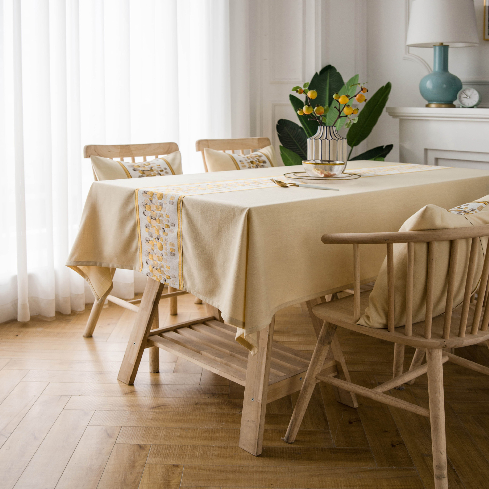 桌布现在简约镶边石头绣花米黄色茶几布书桌