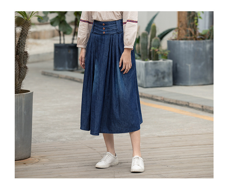 Fall High Waist Pleated Long Denim Skirt NSDT9089