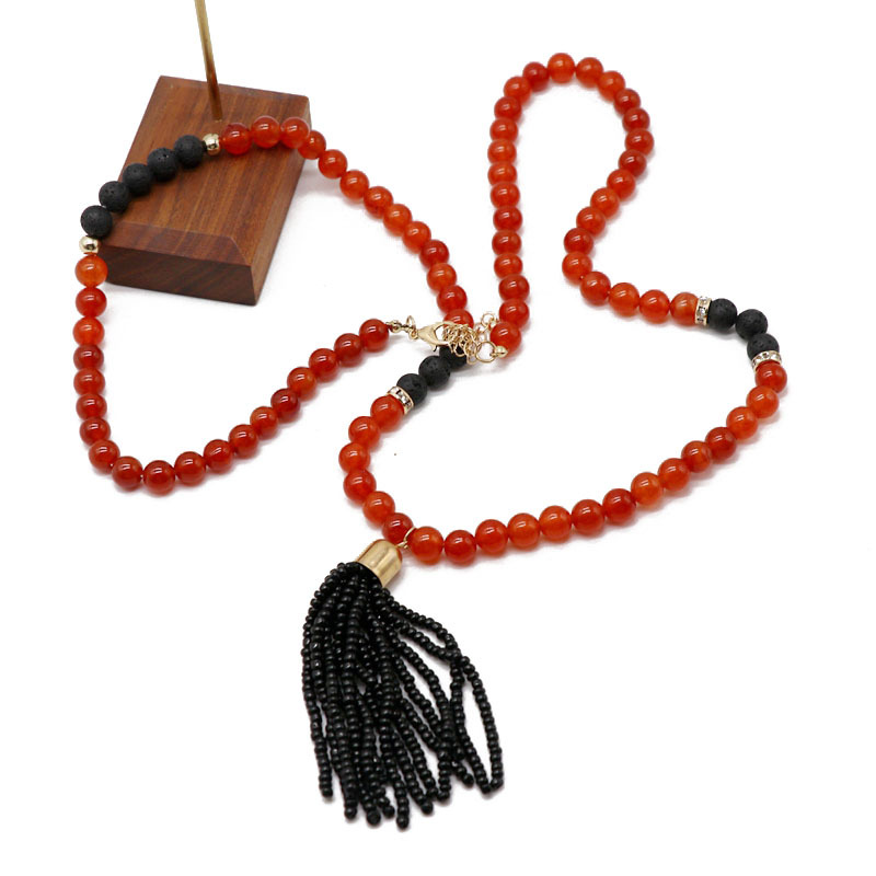 Red Agate Stone Bead Necklace Sweater Chain Handmade Tassel Beaded Necklace Necklace display picture 2