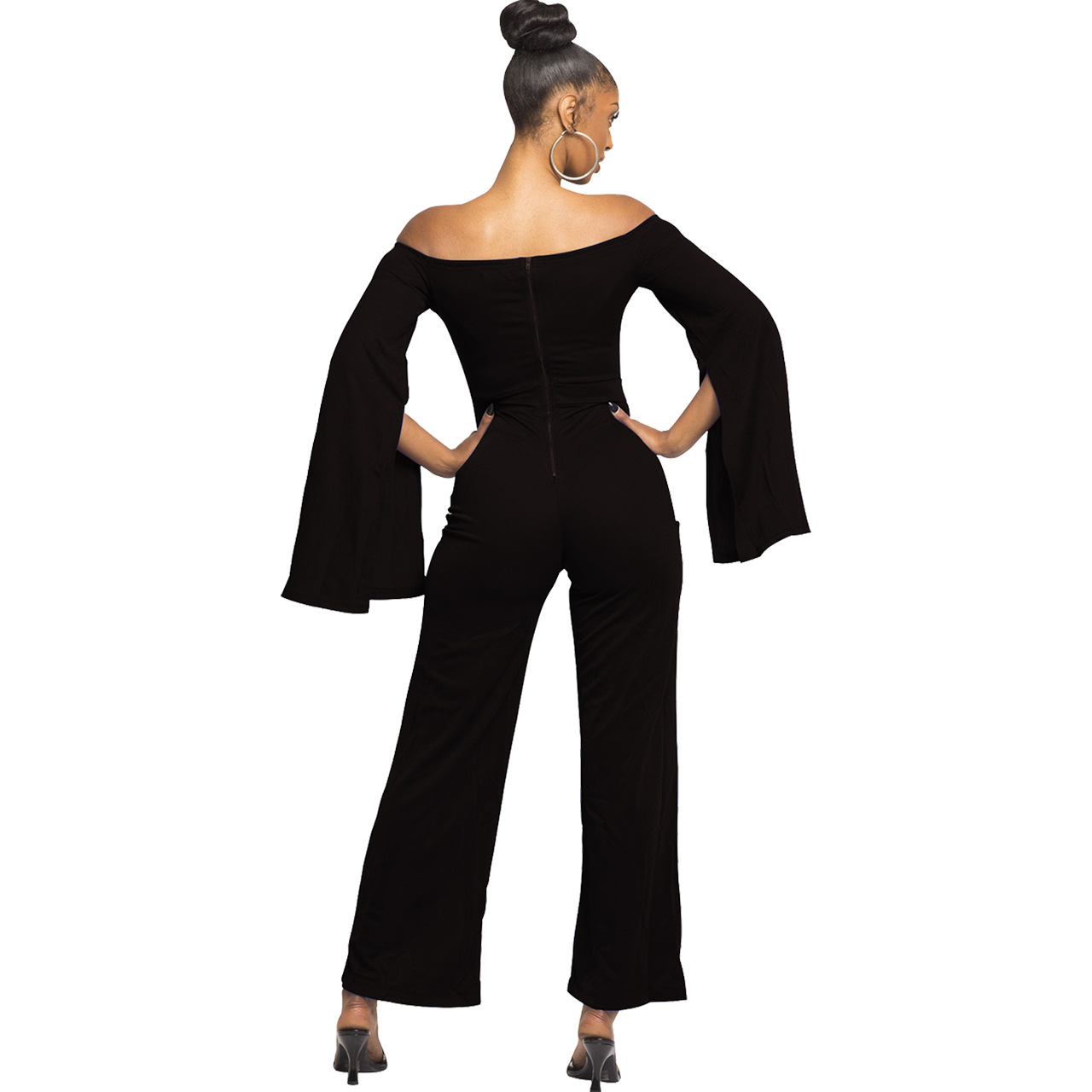 Boutique Casual Solid Color Long Sleeves Cropped off Shoulder Jumpsuit