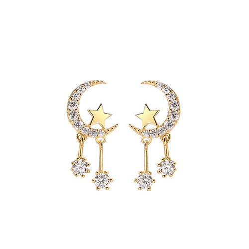s925 silver Korean version star moon tassel earrings zircon face slimming earrings dropshipping
