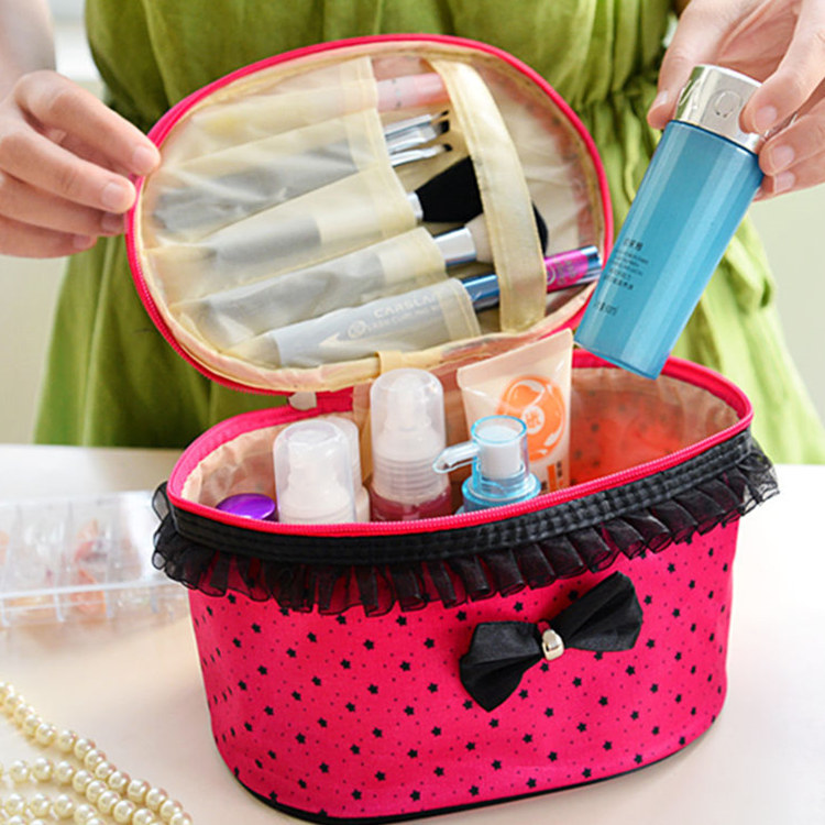 Medium Size Classic Style Round Dots Bow Knot Polyester Cylindrical Makeup Bags