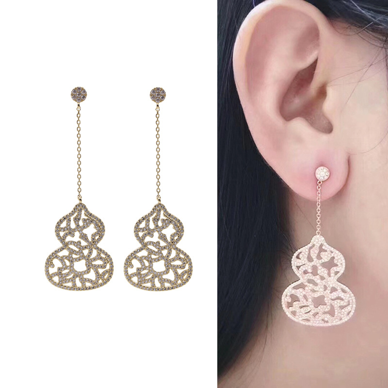Earrings Large Gourd Long Silver Needle Earrings Lace Hollow Earrings Zircon Long Earrings Wholesales  Fashion display picture 15