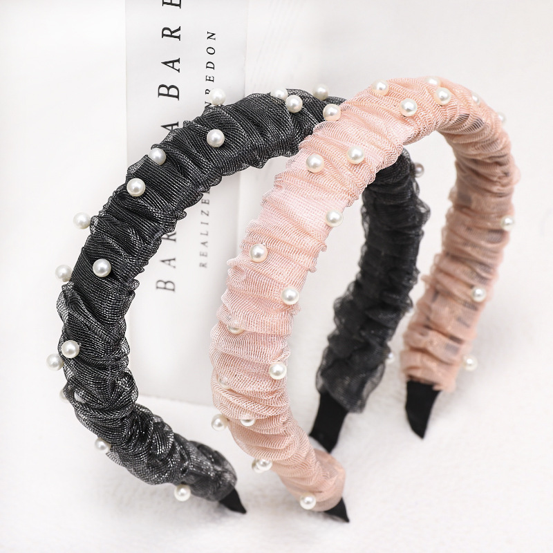 New  Lace Mesh Nails Pearl Wide-brimmed Headband Wholesale Nihaojewelry display picture 1