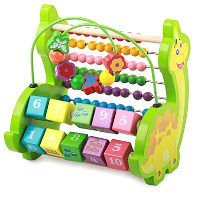 木制多功能恐龙绕珠串珠计算架3合1珠算儿童早教益智翻板玩具教具|ru