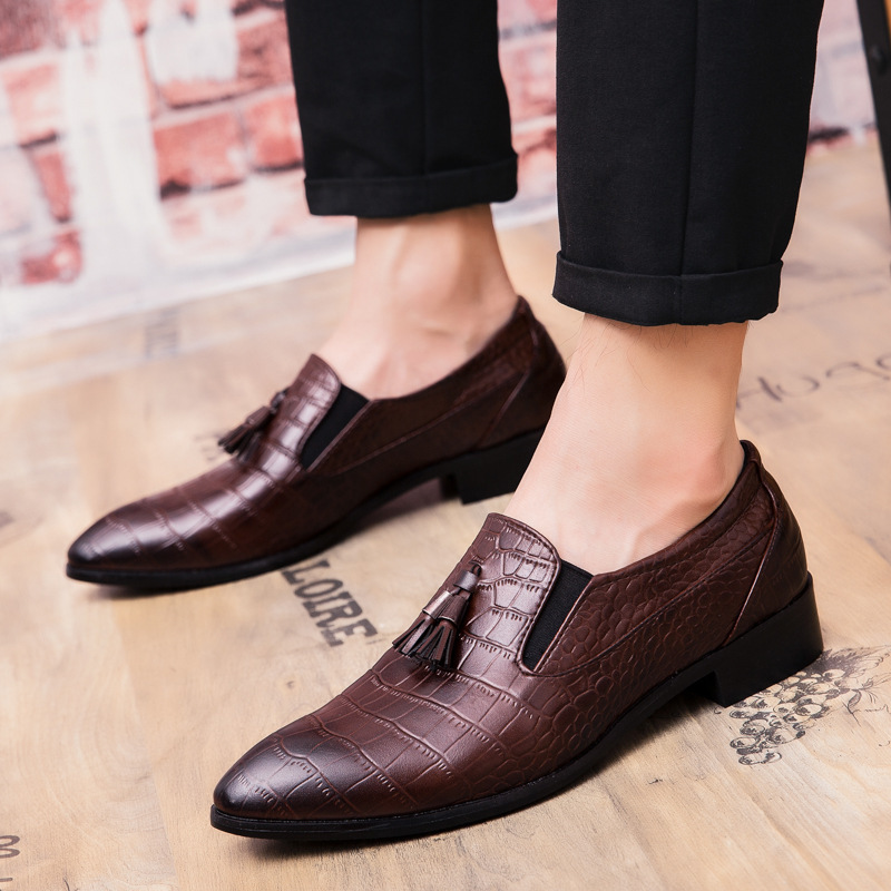 Black Leather Crocodile Pattern Tassel Loafers For Men Formal_voghion.com