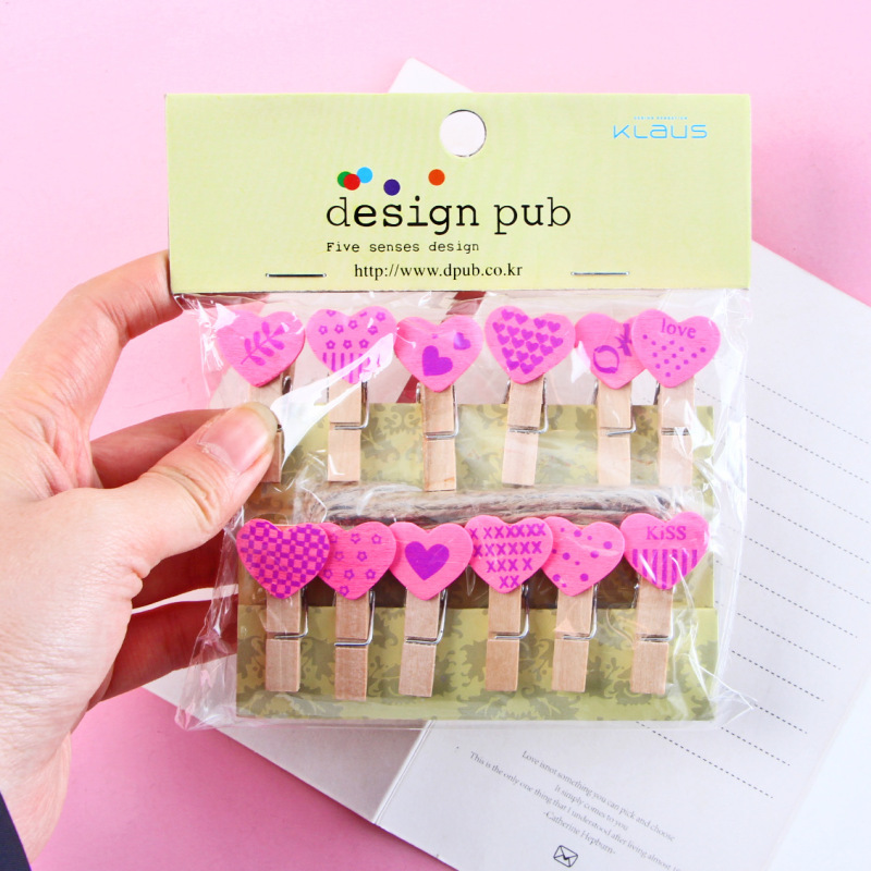 Small Wood clip wooden clip children clip note clip photo clip hemp rope home daily 3.5cm/pink love printing