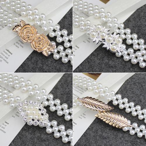 Korean style ladies rhinestone pearl belt fashion dress decorated elastic waist chain female sweet flower gemstones elastic waistband