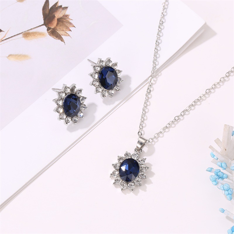Fashion Set Jewelry Sun Flower Zircon Ear Sapphire Necklace Pendant display picture 2
