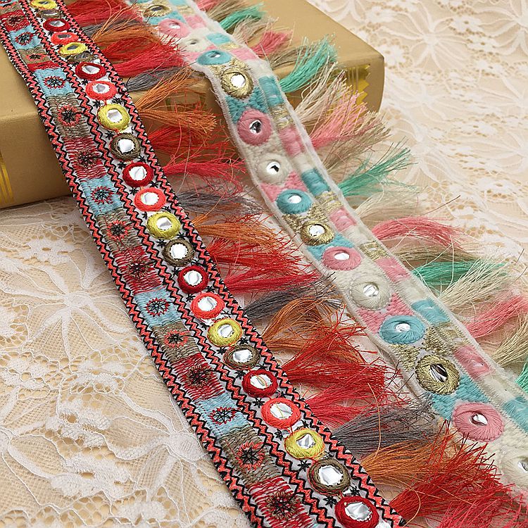 厂家现货民族风刺绣提花镜片织带流苏花边 彩色绣花条码diy辅料