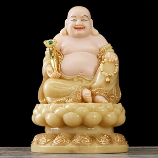 汉白玉弥勒佛像批发 石雕笑佛 家居未来佛玉黄镶金大肚佛
