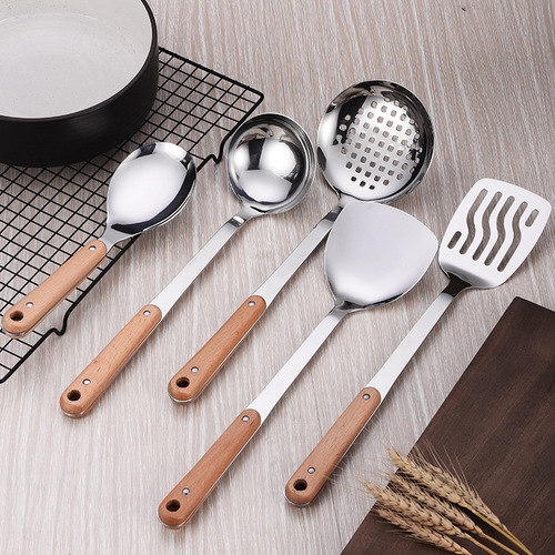 Non-magnetic thick stainless steel porridge spoon solid wood handle spatula Stainless steel household cooking spatula spoon kitchen utensil set