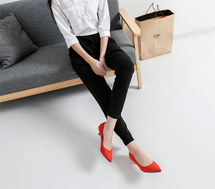 Women's Pointed Toe Flats Low Heeled Work Shoes Suede High Heels_voghion.com