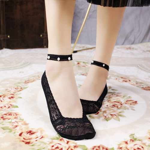 Street stall socks lesbian style Internet celebrity strap socks lace edge thin low-top invisible pearl boat garter anklet