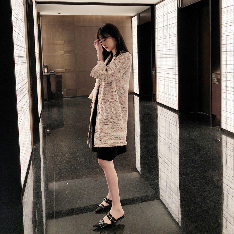 MOFFI秋季新款时尚女装 淑女中长款小香风粗花七分袖外套