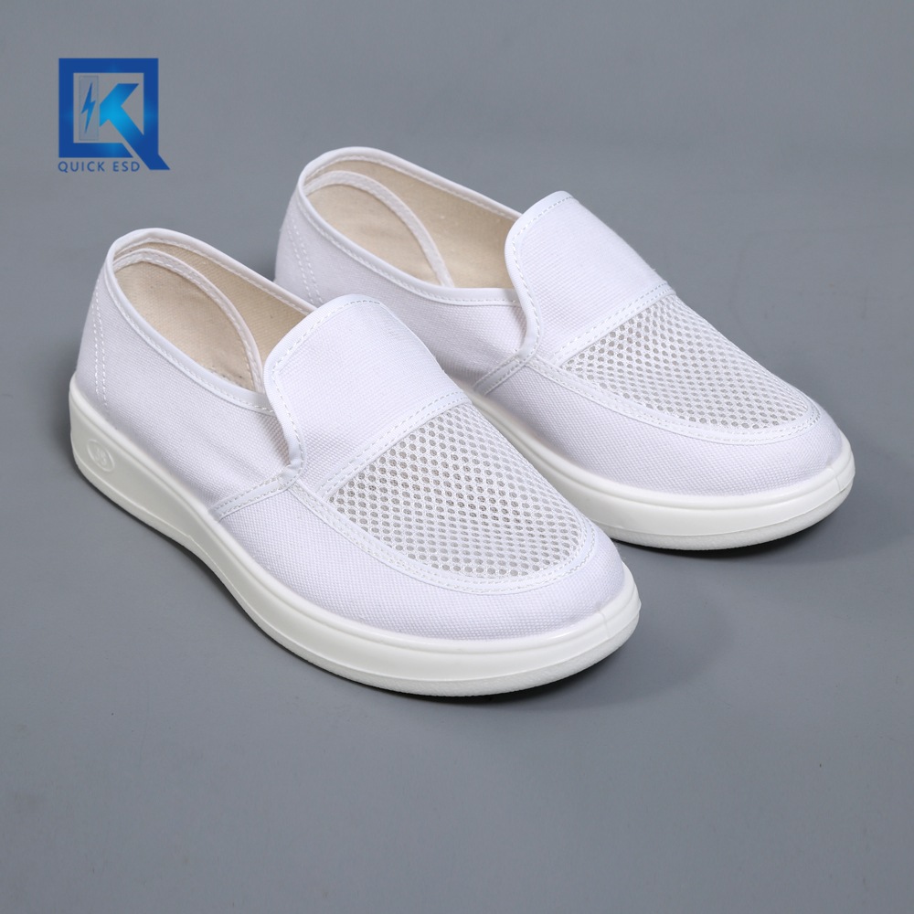 防静电PU白帆布单孔中巾魔术贴网眼鞋 车间劳保工作鞋 无尘洁净鞋