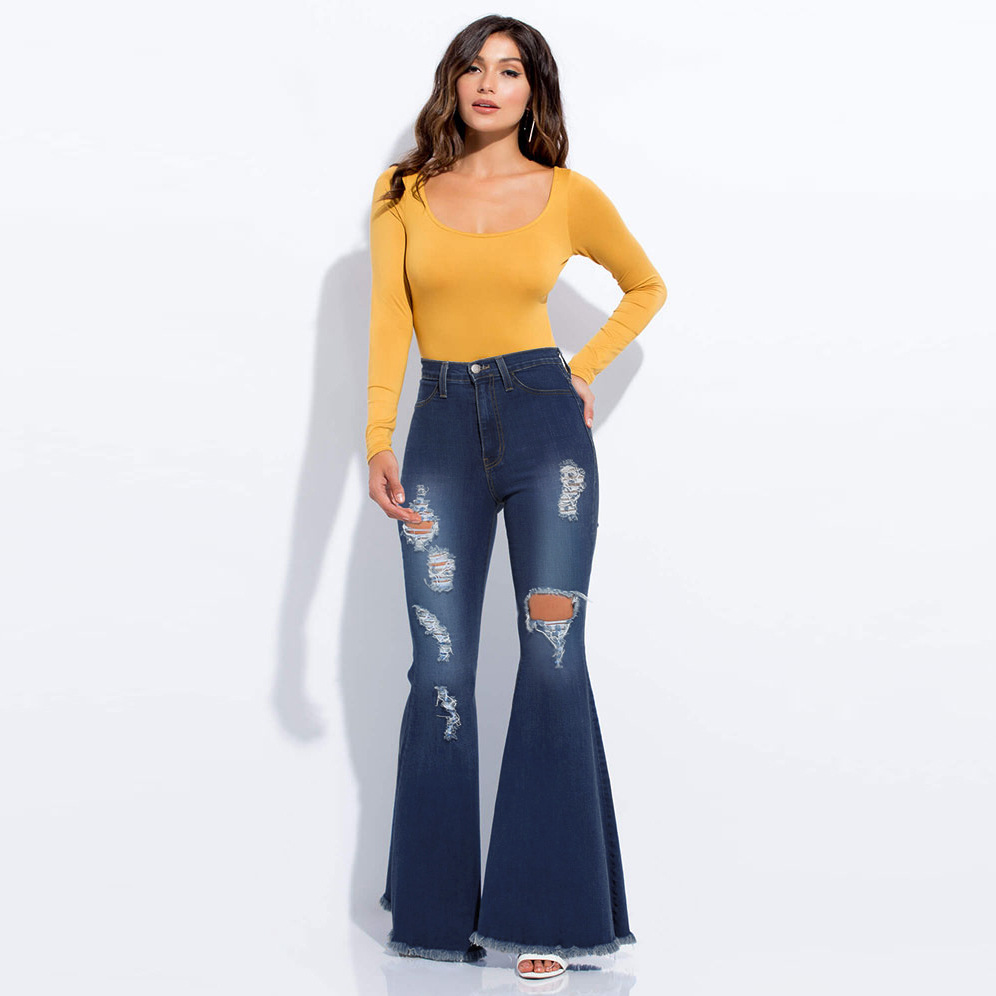 wild wide-leg washed denim stretch flared pants NSSF64717