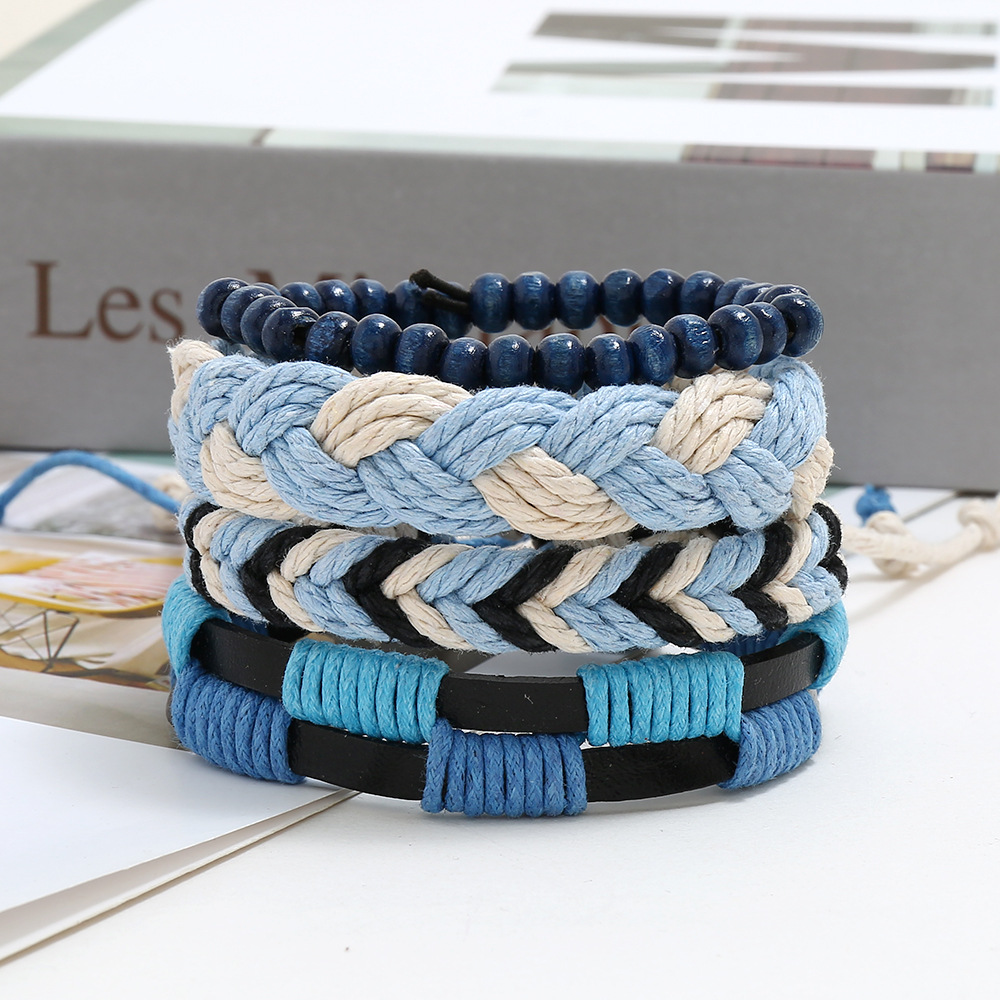 Hemp rope woven bracelet simple wooden beads four-piece cow bracelet