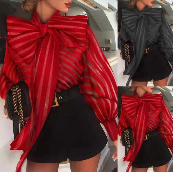 119g Weight Long Sleeve Sleeve Length Single Breasted Placket Type Regular Sleeve Sleeve Type Polyester Fabric Type Regular Top Length Wholesale Women's Elegant Solid Color Long Sleeve Printing Bowknot Blouses