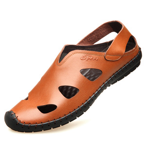 夏季新款爸爸凉鞋头层牛皮男士休闲鞋镂空两用中老年包头洞洞鞋男