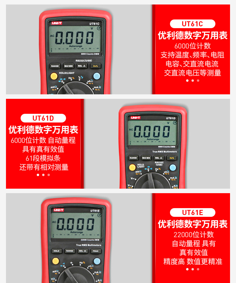 优利德授权UT61A UT61E自动量程温度测量电工万能表数字万用表