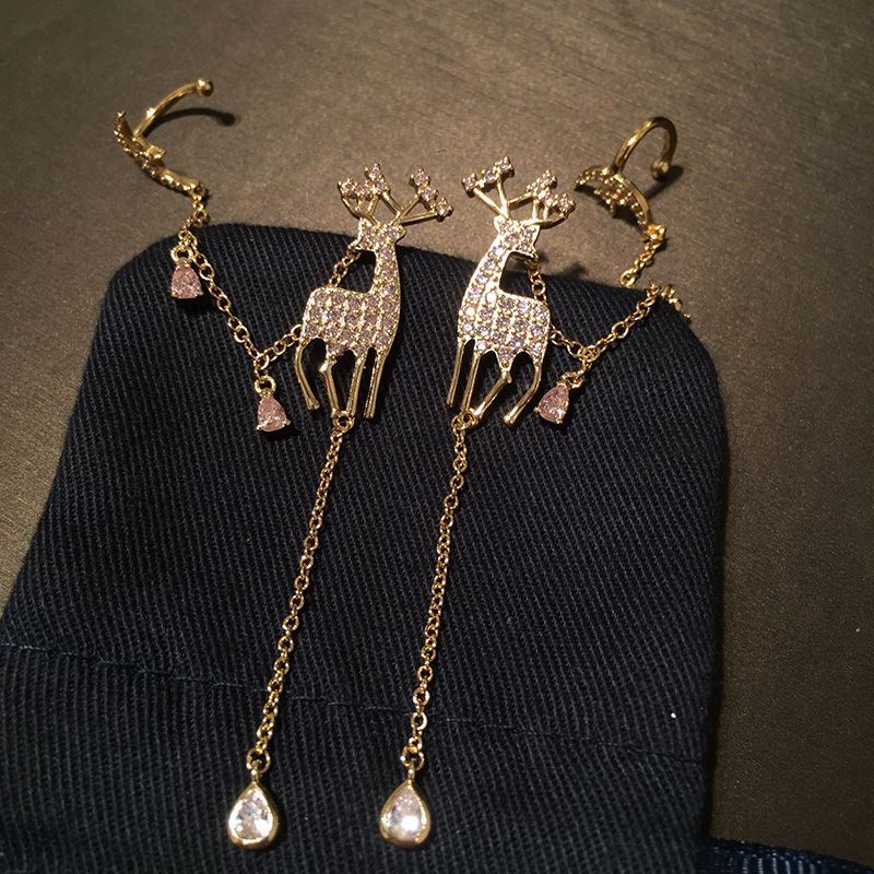S925 Silver Needle Christmas Deer Long Tassel Earrings Pink Star Moon Ear Bone Clip Earrings display picture 7