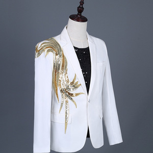 Men&apos;s suit jacket singer stage costume party retro aureate embroidery white leisure jackets