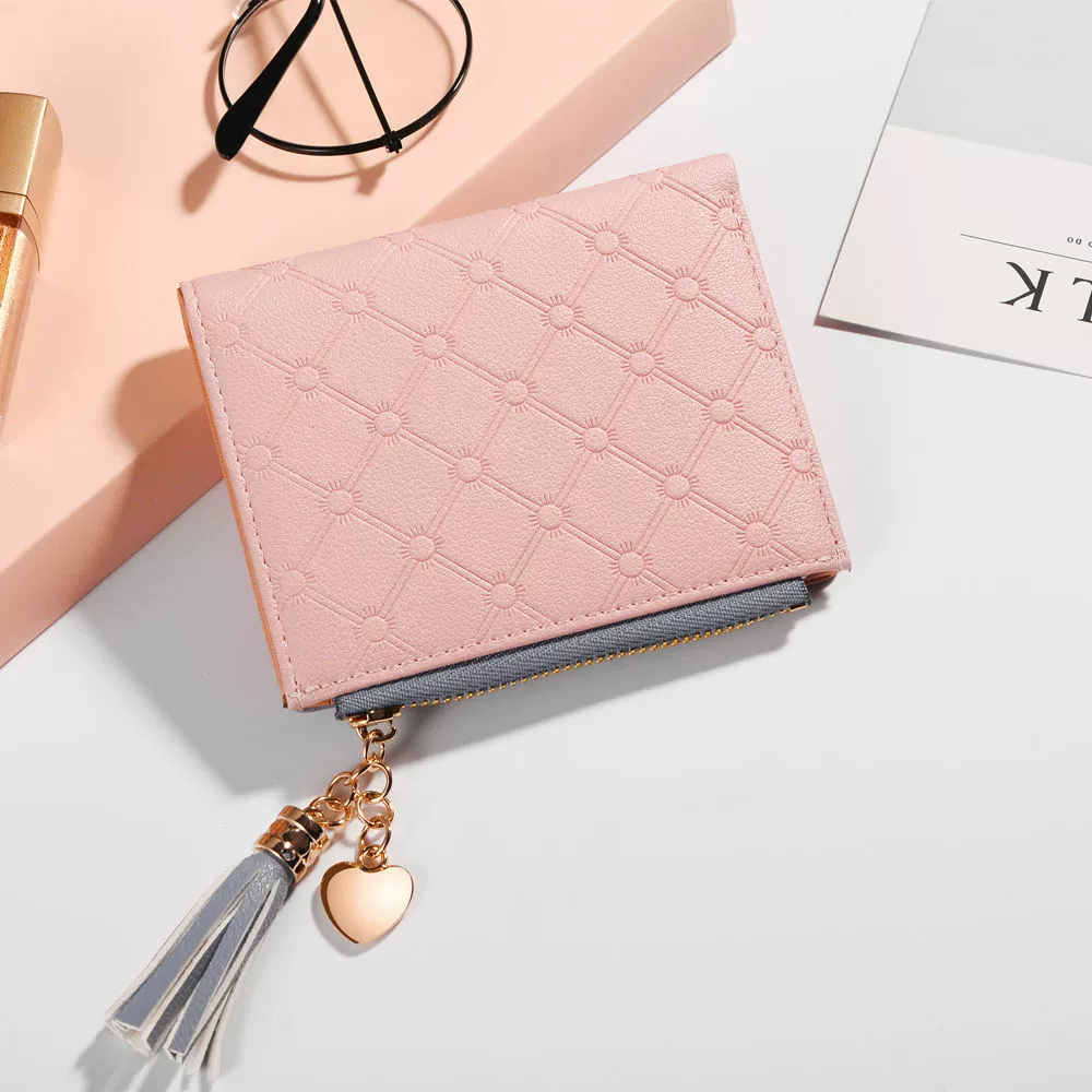 Short leather folding wallet, Korean style, contrasting stitching, zipper coin pocket, multi‑card