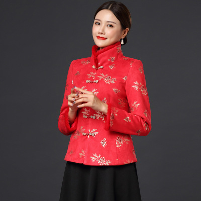 新款秋冬加厚兔毛领中长袖鹿皮绒加棉保暖棉衣 唐装女士上衣|ms