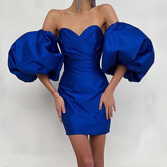 Low solid sexy Strapless back puff sleeve slim dress