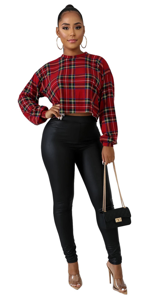 Round Neck Long-Sleeved Striped Plaid Pullover Top NSSJW96963