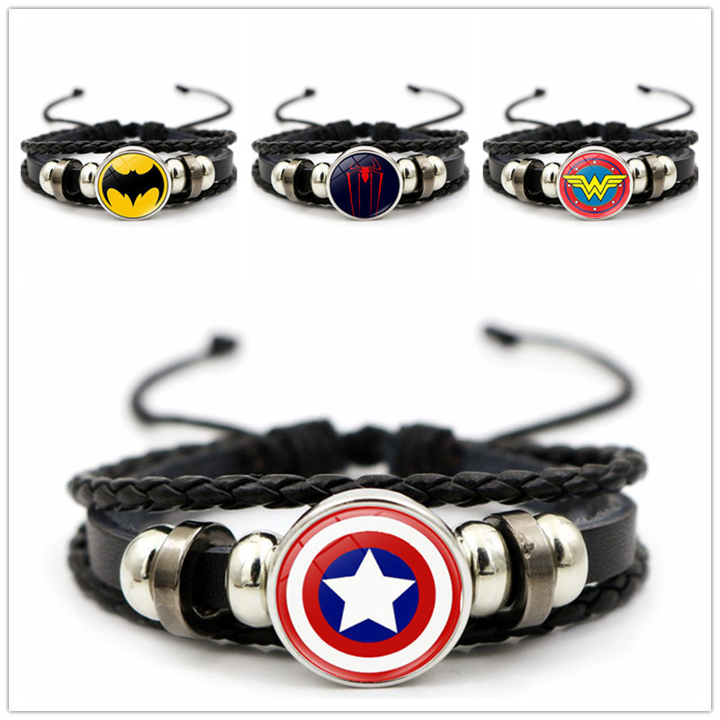 American Hero Flash Batman Wonder Woman Logo Time Gem Leather Bracelet Bracelet Jewelry