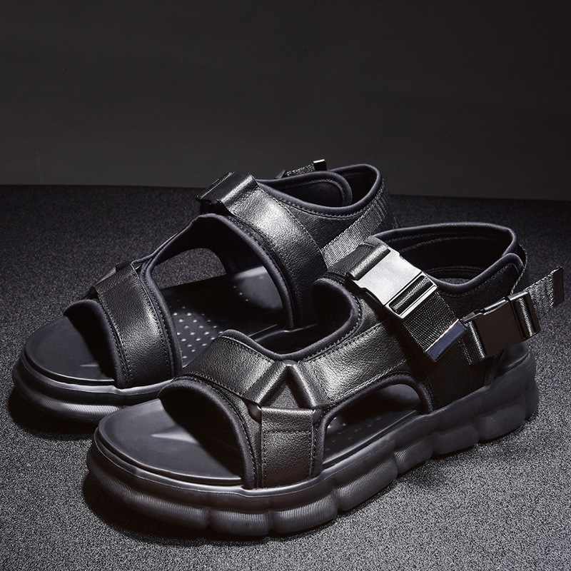 凉鞋男韩版潮流时尚百搭真皮凉鞋漏趾厚底防滑沙滩鞋广东工厂批发