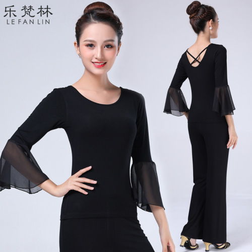 Women girls black long flare sleeves black red latin ballroom dancing tops modern dance v neck shirts for lady  square dance horn sleeve Blouses