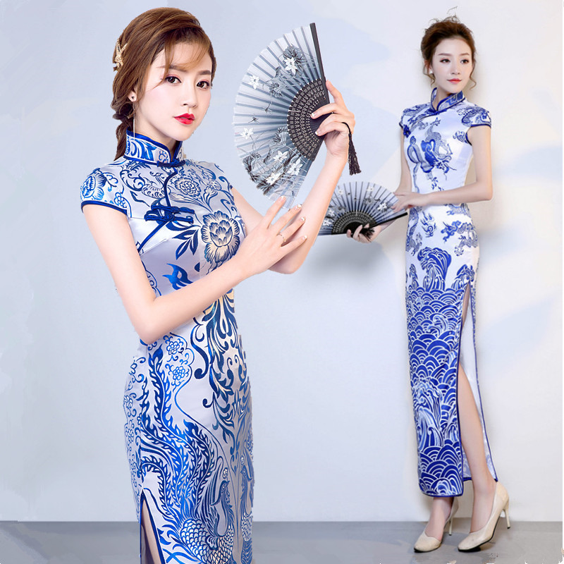 Blue and white porcelain cheongsam chinese dress for women girls miss etiquette show clothing long cultivate one's morality qipao dress