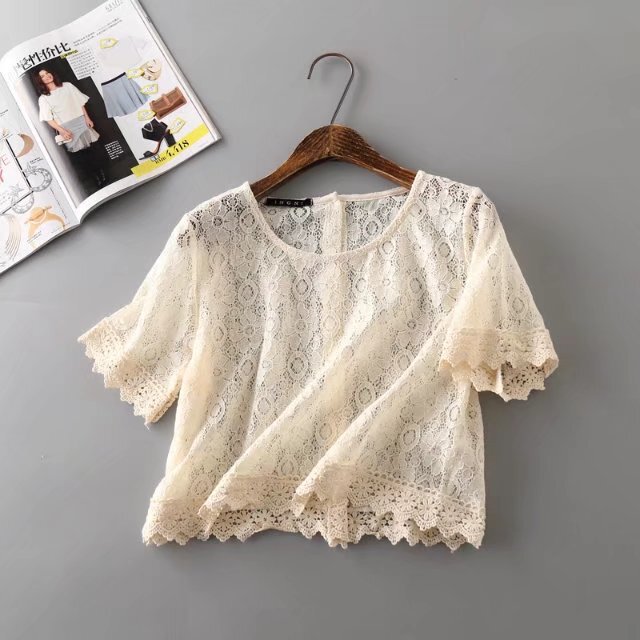 Spring and Summer New Sweet Hollow Lace Shirt Loose Short-sleeved Pullover Blouse Korean Style Short Top Slim T-shirt